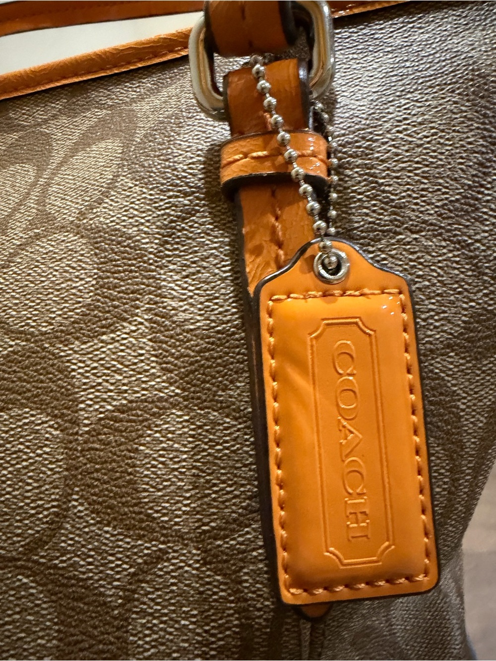 Coach Signature Canvas Zip Top Tote Bag Khaki Orange Leather Trim - Picture 5 of 13